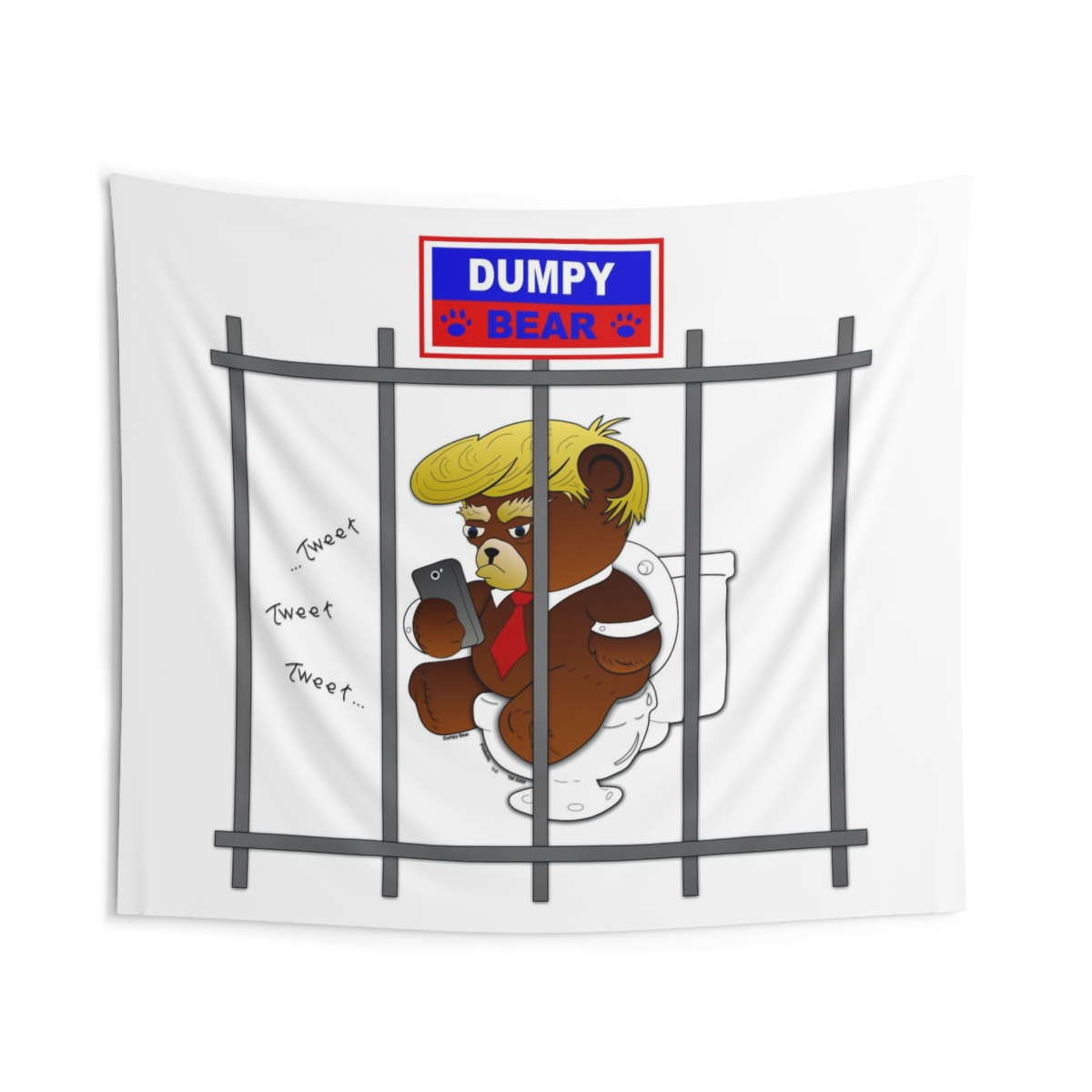 Dumpy Bear Tweeting on Toilet Behind Bars - Indoor Wall Tapestries product thumbnail image
