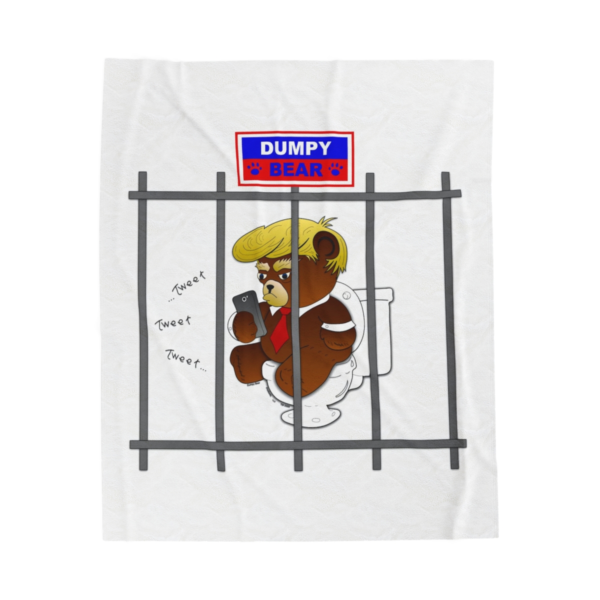 Dumpy Bear Tweeting on Toilet Behind Bars - Velveteen Plush Blanket product thumbnail image