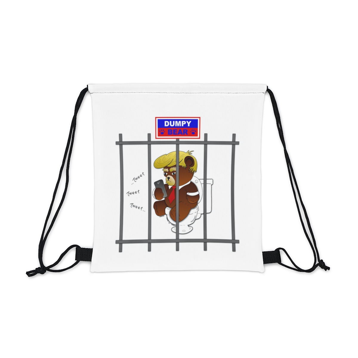Dumpy Bear Tweeting on Toilet Behind Bars - Outdoor Drawstring Bag product thumbnail image