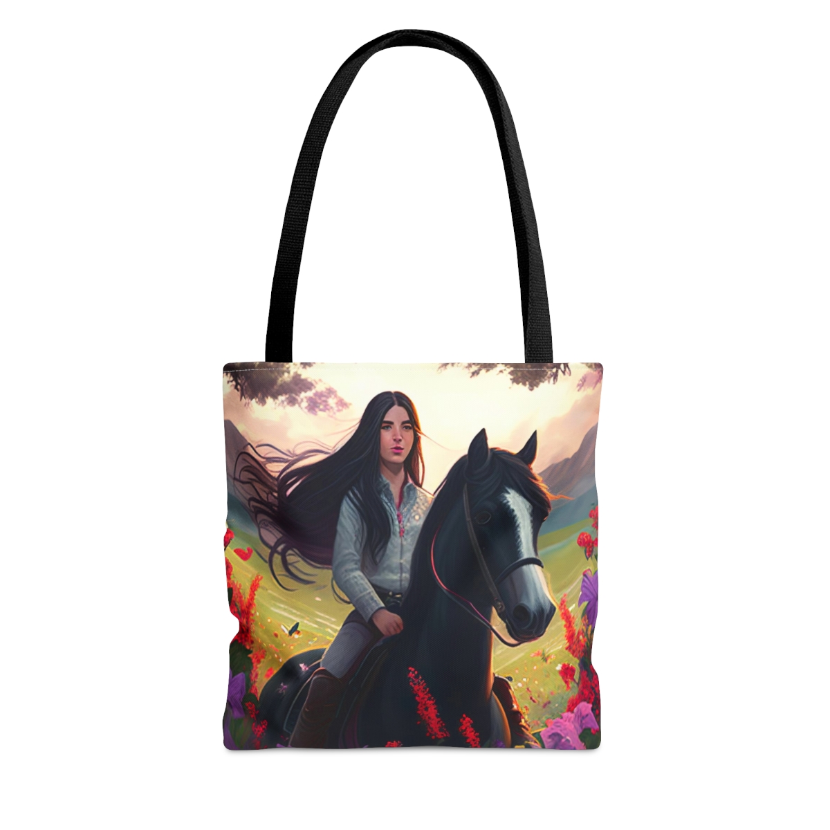 Riding a Horse in a field of Wild Flowers AOP Tote Book Shopping Bag product thumbnail image