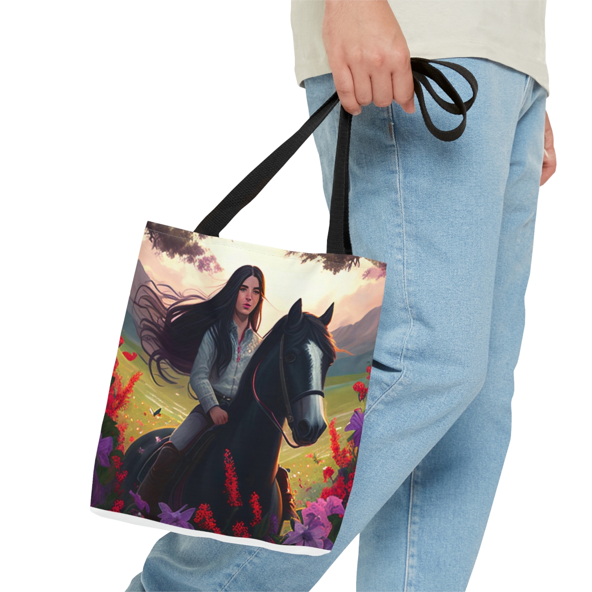 Riding a Horse in a field of Wild Flowers AOP Tote Book Shopping Bag product thumbnail image