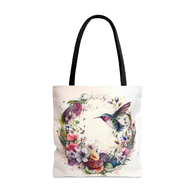 Hummingbird with Flower Wreath AOP Tote Book Shopping Bag