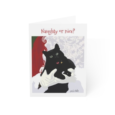 Cat art drawing Greeting Christmas Cards: Naughty or nice? Blank inside, sweet, funny with Santa