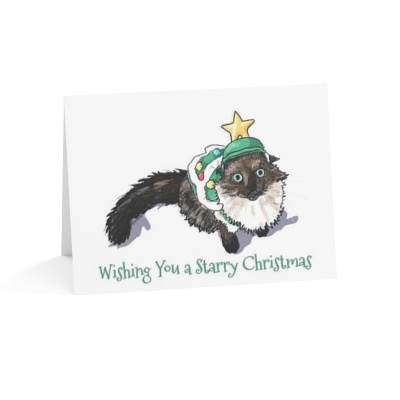 Cat art drawing Greeting Christmas Cards: Starry Christmas - Blank inside, sweet and funny