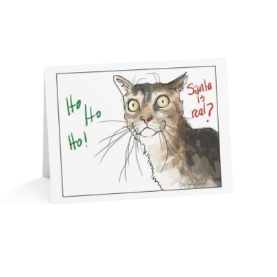 Cat art drawing Greeting Christmas Cards: Santa is Real?! Blank inside, cute and humorous 