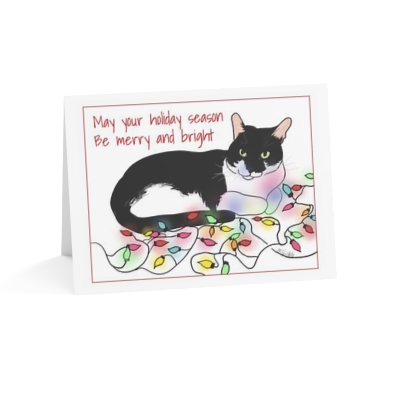 Cat art drawing Christmas Greeting Cards: Tuxedo Lights - Blank, christmas lights, humorous, cute