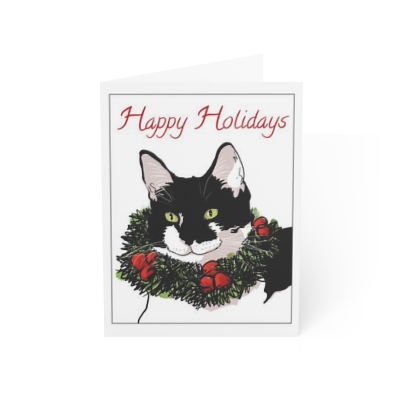 Cat art drawing Greeting Christmas Cards: Meowy Wreath - Blank inside, sweet and humorous