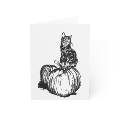 Cat art drawing Halloween or Thanksgiving Greeting Cards: Simba on a Pumpkin - Blank inside, fall season, humorous