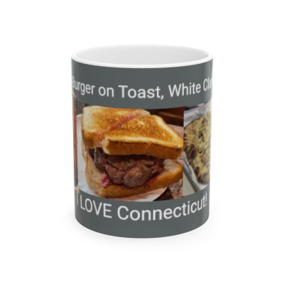 Apizza, Burger on Toast, White Clam Pizza - I Love Connecticut! - Ceramic Postcard Mug