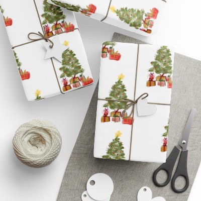 Hand-Painted Christmas Tree Wrapping Paper on White Background