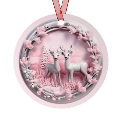 Pink Deer Reindeer 3D Metal Christmas Ornament