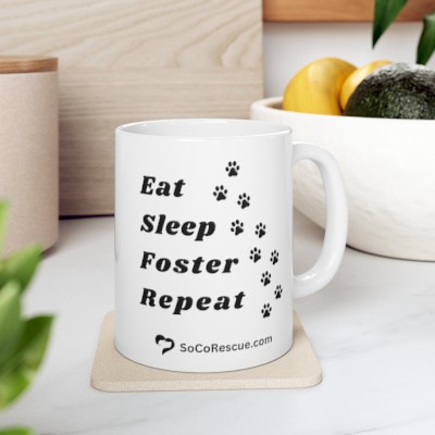 Eat Sleep Foster Repeat Coffee Mug with Trailing Paws - White Ceramic Mug 11oz