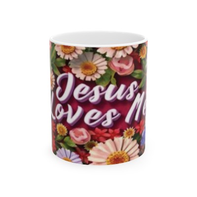 3D Floral Jesus Loves Me Ceramic Mug 11 oz - Inspirational Christian Gift