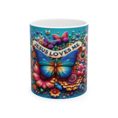 Jesus Loves Me 3D Butterfly & Floral Ceramic Mug 11 oz.