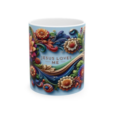 Vibrant 3D Floral Jesus Loves Me Mug - Inspirational Christian Gift for Women Ceramic Mug 11oz.