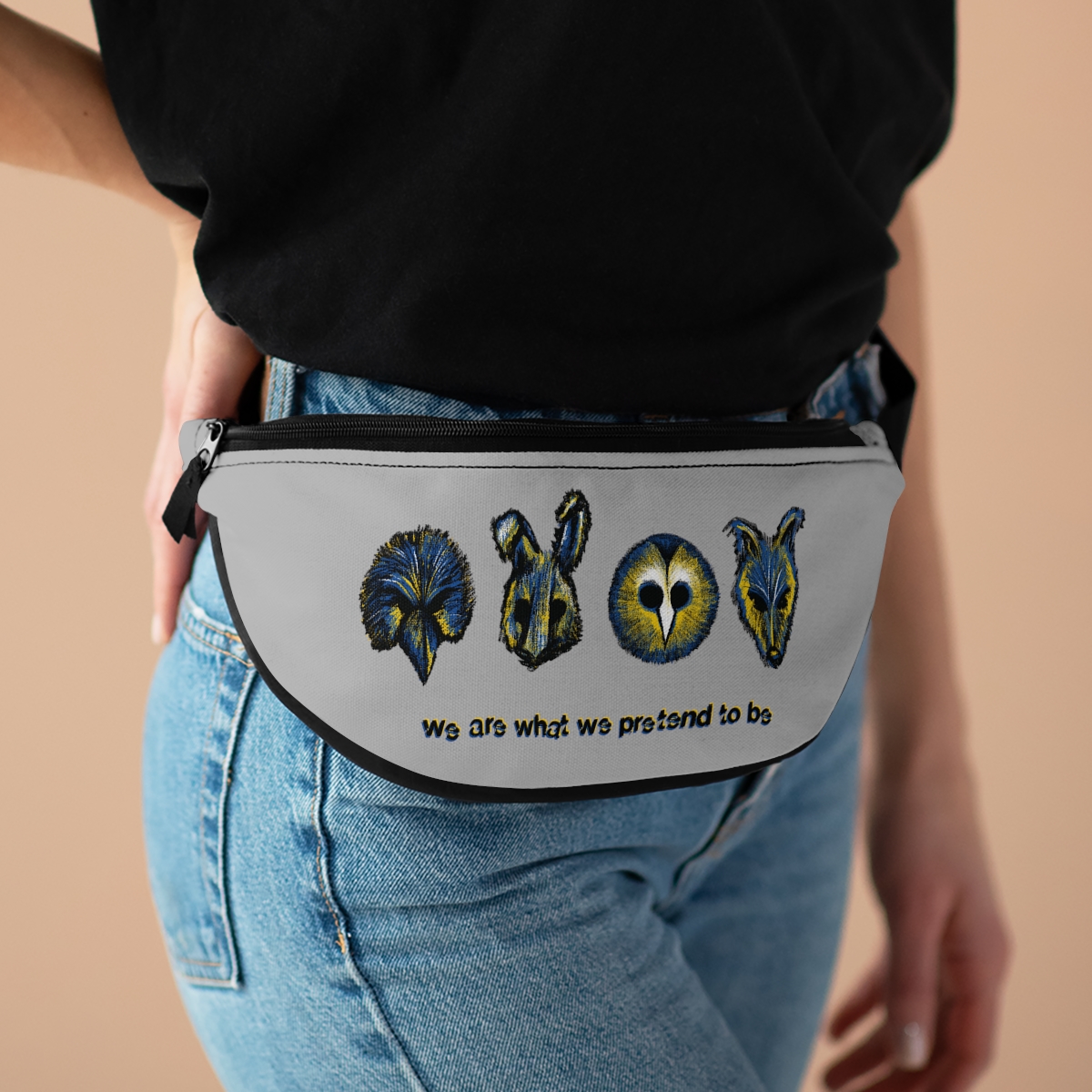 "We Are What We Pretend to Be" Fanny Pack with Hive After Dark Logo - Gray  product thumbnail image