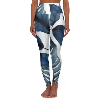 Navy Blue Leaf pattern High Waisted Yoga Leggings 