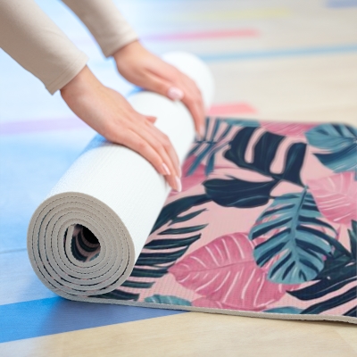 Bush Pink Modern Leaf Print Luxury Yoga Mat