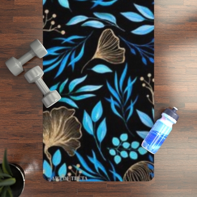 Black, Navy, Gold Leaf & flower Pattern Rubber Yoga Mat