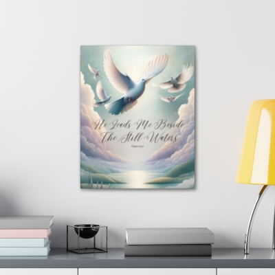 Tranquil Dove Art - Psalm 23:2 Calligraphy Print for Spiritual Peace Canvas Gallery Wrap
