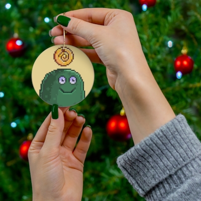 Chia Friends Ceramic Ornament - Green Smile Cucumber with Purple Eyes & Swirl Coin