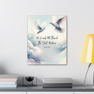 Tranquil Dove Art - Psalm 23:2 Calligraphy Print for Spiritual Peace Canvas Galery Wrap