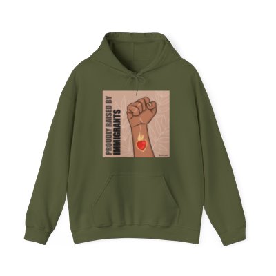 "Proudly raised by immigrants" Unisex Heavy Blend™ Hooded Sweatshirt