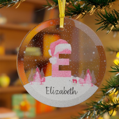 Pink Glitter Initial Personalized Glass Christmas Ornaments