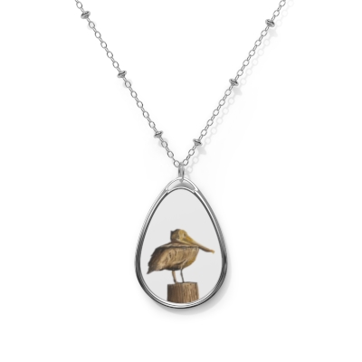 Pelican on a piling Oval Necklace