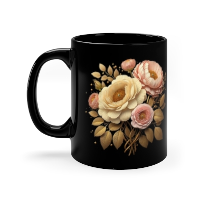 Pretty Floral Black Coffee Mug, 11oz