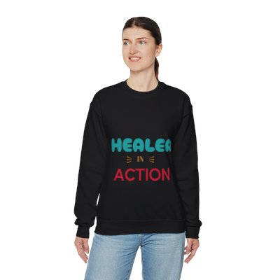 Unisex Heavy Blend Crewneck Sweatshirt Healer Style 'Healer in Action' Sweatshirt Cozy Comfort Positive Vibes Mindful Living Gift for Wellness Enthusiasts, Retreat Attire Retreat gear