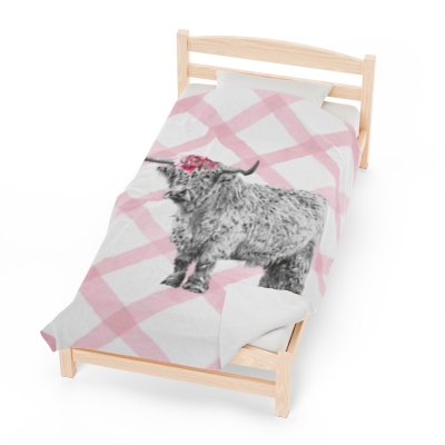 Cute Cow Pink Plaid Highland Cow Furry Cow Girl Room Gift Cow Lover Highland Cow Velveteen Throw Blanket