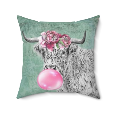 Highland Cow Furry Cute Cute Blowing Bubble Gum Pink Flowers Girl Gift Cow Lover Faux Suede Square Pillow