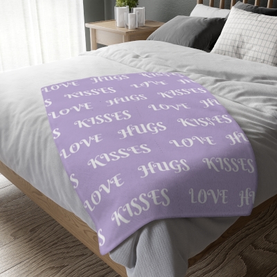 VIOLET PURPLE ~ LOVE, HUGS, KISSES Velveteen Minky Blanket (two-sided print)