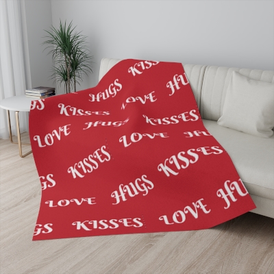 FIRE ENGINE  RED ~ LOVE HUGS KISSES  Sherpa Blanket