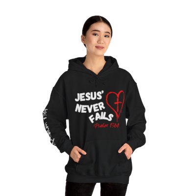 Jesus' Love Never Fails Unisex Heavy Blend™ Hooded Sweatshirt (Available in Black) ***Psalm 136:1 on Right Sleeve***