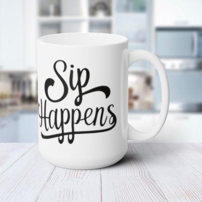 Sip Happens White Ceramic Coffee Mug - 15 oz, Lead and BPA-Free - Perfect for Your Morning Brew!