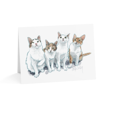Cat art drawing Greeting Cards: 'Cassia, Caydon, Mimi, and Nano' - Blank inside, humorous