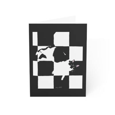 Cat art drawing Greeting Cards: 'Pippin in Camoufloge' - Blank inside, humorous, checkerboard