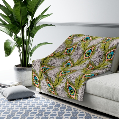 Unbelievably-soft Sherpa Fleece Blanket | Yellow Peacock Feathers Collection