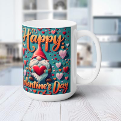 Love is in the Air! Happy Valentine's Day Gnome Ceramic Coffee Mug - Heartwarming Gift, 15 oz