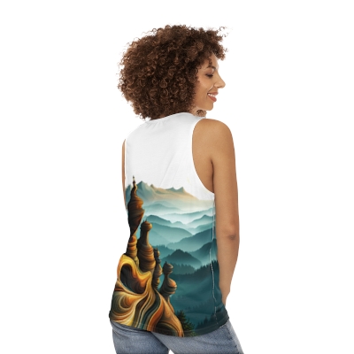 Infinite Peaks Unisex Tank Top: Wearable Artistry with Mountains and Fractals