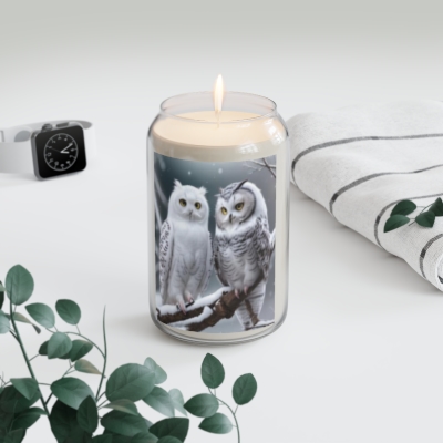 Unique Two Snow Owls Image Candle 13.75oz - Various Scents to Pick From