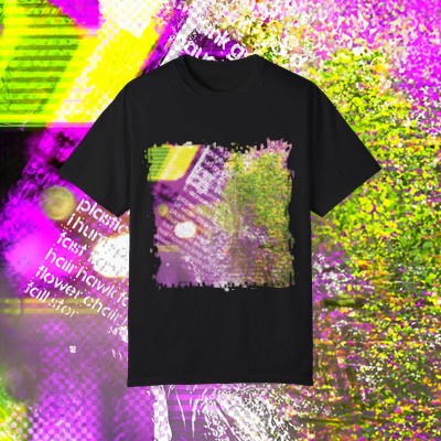 Pink and Yellow Glitch Text - Stripes, Leaves - Experimental Imagery - Unisex Garment-Dyed T-shirt