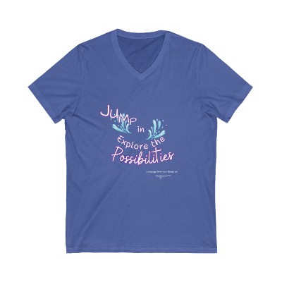 Jump in Explore the Possibilities - Unisex Jersey Short Sleeve V-Neck Tee