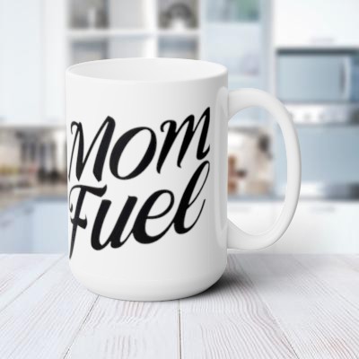 Cute 'Mom Fuel' Coffee Cup - 15 oz White Ceramic Mug with C-Shaped Handle - Lead and BPA-Free