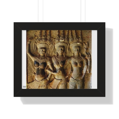 Regal Reverie: Champa Civilization's Ruins Reveal Three Africoid Princesses in Stunning Wall Sculpture. Framed Horizontal Poster