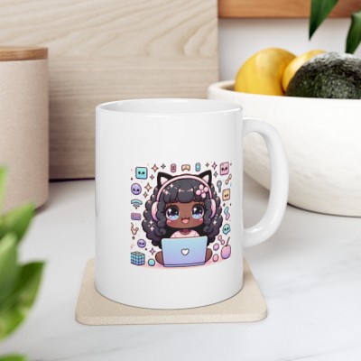 Black Girl Coder Kawaii-styled, Ceramic Mug, 11oz