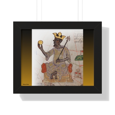 Golden Majesty: Portrait of Mansa Musa Holding a Gold Nugget Resplendent in Historic Grandeur! Framed Horizontal Poster