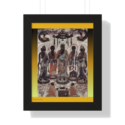 Sacred Ensemble: Five Africoid Spiritual Figures Pose in Harmony at Mogao Caves! Framed Vertical Poster